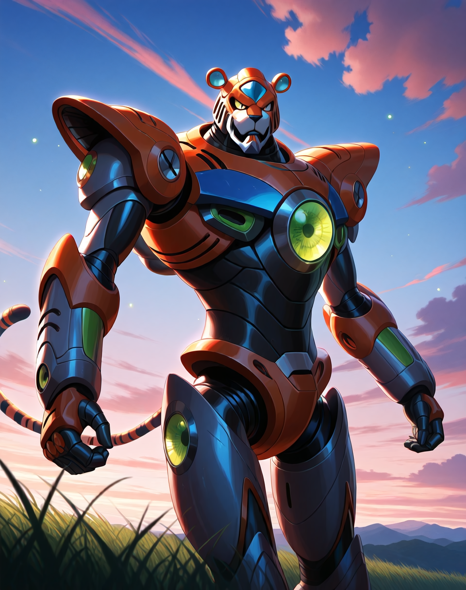 <lora:Neon_Tiger_(Mega_Man_X)_(Illustrious)_(AD):1> Neon Tiger, reploid, MMX, 
exterior, sky with clouds, grassy valley,
male focus, intense shadows, dynamic shadows, intricate details, attention to details, gradient coloring, bright vivid colors, robot, bent leg, glossy metal body, cowboy shot, orange and pink and blue metal body, 
BREAK very awe, masterpiece, best quality, amazing quality, very aesthetic, highres, absurdres, photographic realism, 8K CGI render,
EZRealPONYXL, zPDXL, Smooth Quality, lazynsfw,