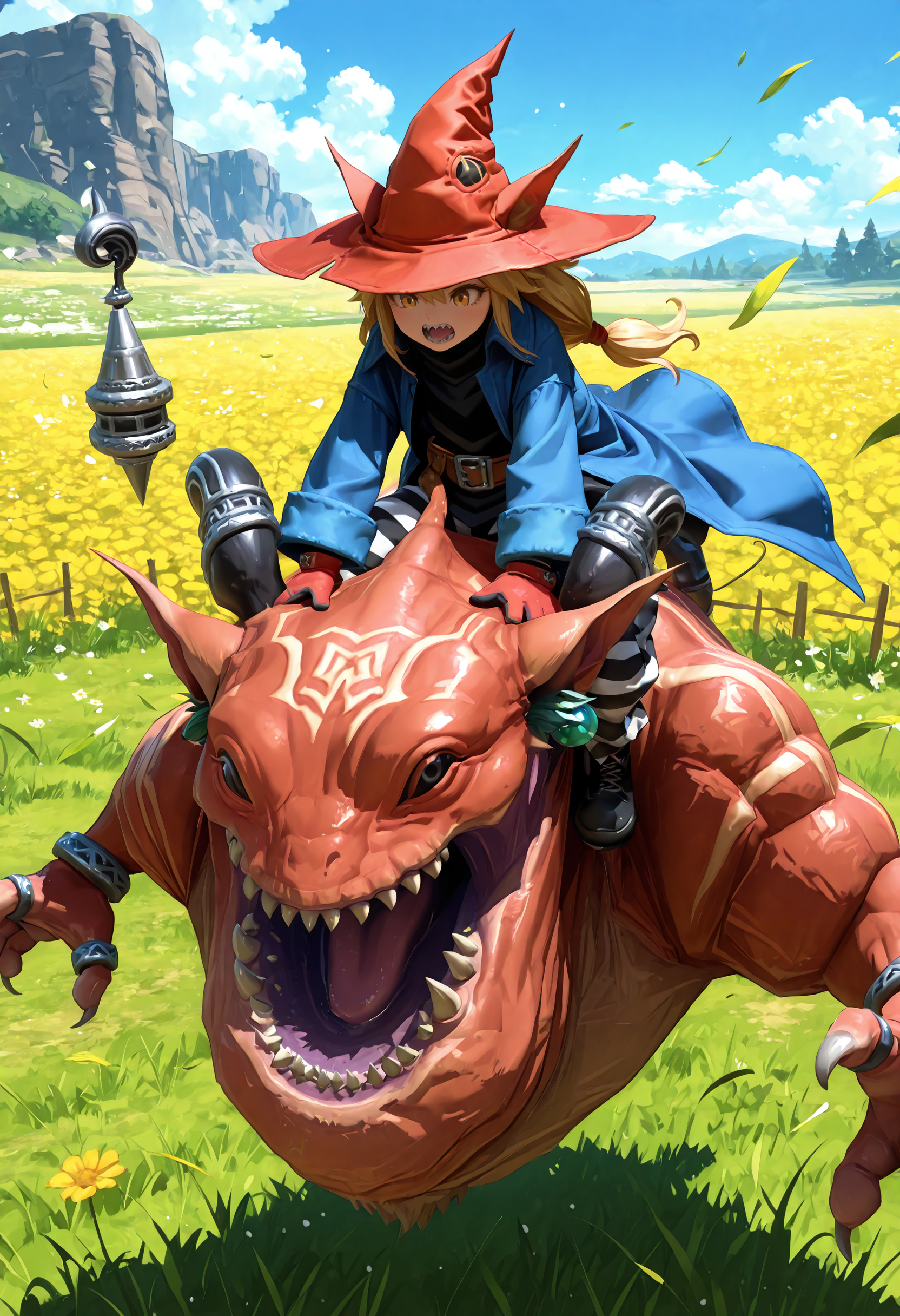 masterpiece,full_body,day,sky,field,1other,
BREAK typhon_(ff),horns,no humans,sharp teeth,open mouth,teeth,claws,jewelry,tongue,<lora:typhon_(ff)-IL:1> BREAK 1girl,black mage \(fft\),long hair,blonde hair,yellow eyes,witch hat,hat,covered mouth,blue coat,black shirt,belt,striped pants,gloves,shoes,riding,