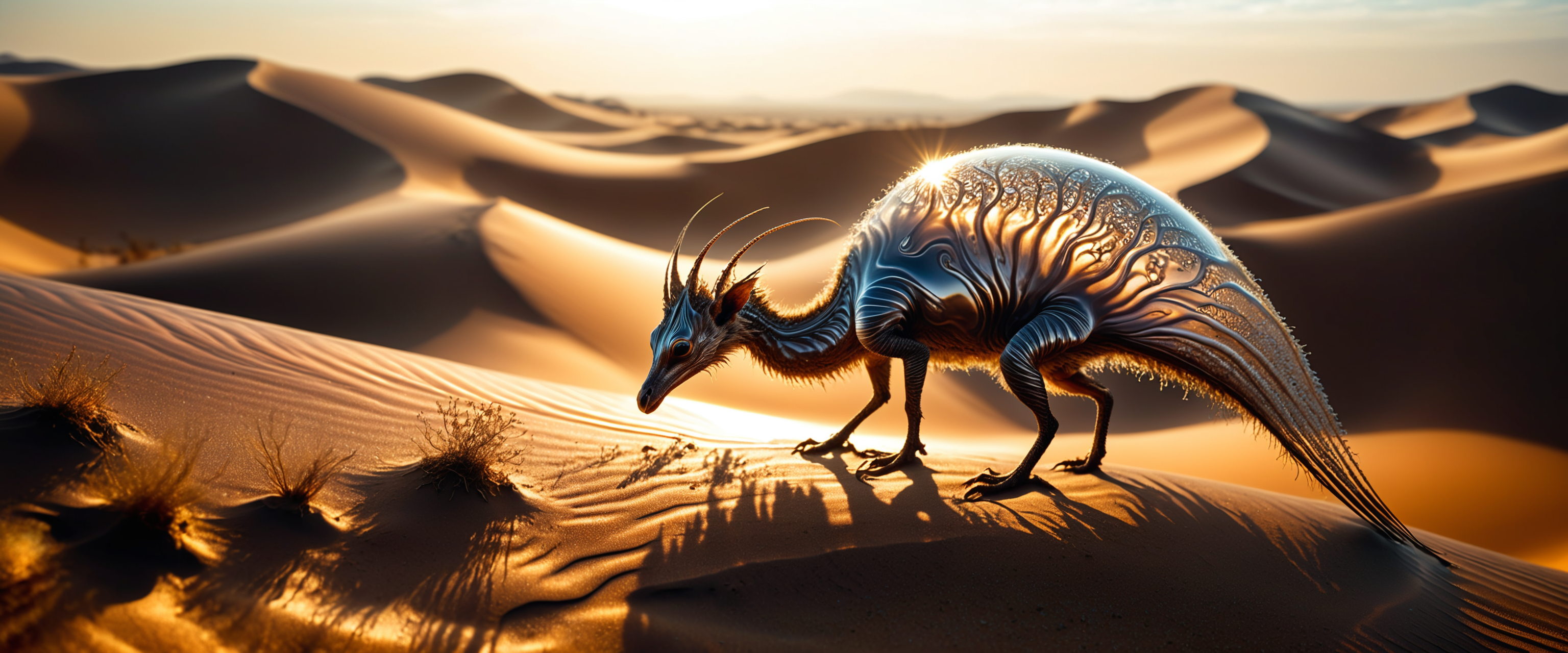 award-winning macro photo, (short depth of field:1.2), (fractal art:0.4), in the sorbsarbled and magical dunes of planet "vargdirly v", the (curious diminutive:1.4) "beastly thudsquark" with its watterlined shimmering fur and long coiled appendages harvests moisture from the whammled air with (delicate translucent membranes:1.1), dry biome, (dappled sunlight:1.1), (intricate details:1.1), (highly detailed:1.1), (creature focus:1.1), dark shadows, highly aesthetic, perfect composition, full panoramic shot, <lora:more_artful-xl:0.4> <lora:midjourney_mimic-xl-by_andrexsel:0.48> <lora:lyco-style-envydramaticlightingxl01_digital_art-xl:0.52> <lora:envybetterhiresfixxl01-xl:0.0:hr=1.0>