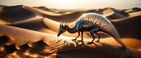 award-winning macro photo, (short depth of field:1.2), (fractal art:0.4), in the sorbsarbled and magical dunes of planet "vargdirly v", the (curious diminutive:1.4) "beastly thudsquark" with its watterlined shimmering fur and long coiled appendages harvests moisture from the whammled air with (delicate translucent membranes:1.1), dry biome, (dappled sunlight:1.1), (intricate details:1.1), (highly detailed:1.1), (creature focus:1.1), dark shadows, highly aesthetic, perfect composition, full panoramic shot, <lora:more_artful-xl:0.4> <lora:midjourney_mimic-xl-by_andrexsel:0.48> <lora:lyco-style-envydramaticlightingxl01_digital_art-xl:0.52> <lora:envybetterhiresfixxl01-xl:0.0:hr=1.0>