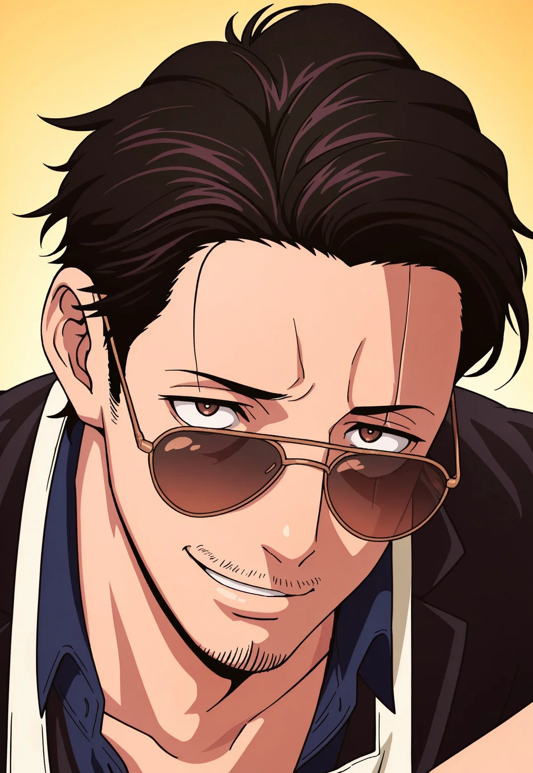 safe_pos, source_anime, rating_nsfw, ultra hd, absurdres, solo, masterpiece, best quality, best aesthetic, 1boy, male focus,

HHTatsu, black hair, facial hair, stubble, sunglasses, apron with dog logo, blue shirt, portrait, headshot, looking at viewer, smiling