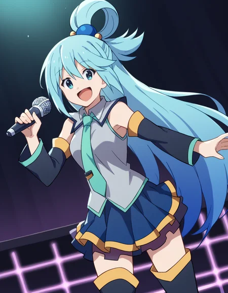 score_9, score_8_up, score_7_up, source_anime, konosubaaqua, <lora:konosuba-aqua-s2-ponyxl-lora-nochekaiser:1>, aqua (konosuba), long hair, blue eyes, hair ornament, very long hair, blue hair, hair rings, single hair ring, hair bobbles,, <lora:hatsune-miku-cosplay-ponyxl-lora-nochekaiser:1>, hatsunemikucosplay, hatsune miku \(cosplay\), aqua necktie, black footwear, black skirt, black sleeves, boots, collared shirt, detached sleeves, grey shirt, necktie, pleated skirt, shirt, skirt, sleeveless, sleeveless shirt, thigh boots, tie clip,, stage, stage lightings, singing, microphone, holding microphone, open mouth, smile,, cowboy shot, dutch angle,