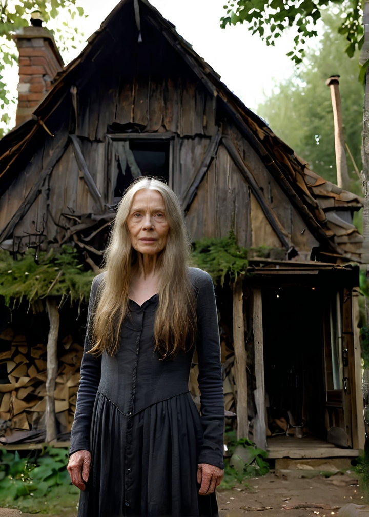 Photo of Philia Hema posing in front of a sinister cottage in the woods, prodding a large fire, piles of  shoes and handbags, (detailed, ultra-detailed body:1.1),best quality,photo-realistic,highly detailed,absurdres,cinematic lighting,hyper-realistic,sharp focus,32k resolution,detailxl,SimplePositiveXLv2,