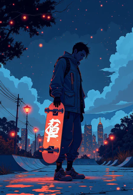 A skateboarder with a glowing skateboard, skating at the skate park, city in the background, night starry sky, vibrant glow