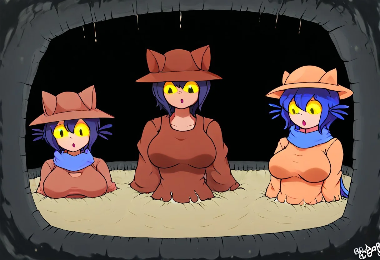 niko \(oneshot\), slit pupils, yellow sclera, cat hat, blue scarf, brown dress, sleeves past fingers, black legwear, detail1eye, slightly big breasts, perfecteyes, in space, relaxed, more then one Niko, sinking in quicksand
