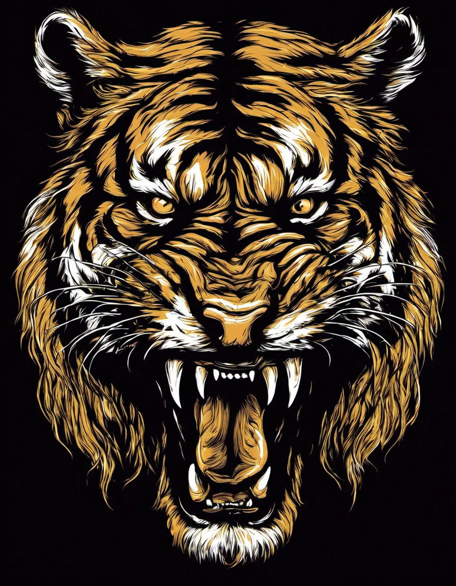 metal_tee, a large, angry tiger, vector digital illustration, (black background:1.5) <lora:metal_tee_sdxl:1>