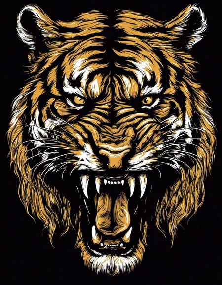 metal_tee, a large, angry tiger, vector digital illustration, (black background:1.5) <lora:metal_tee_sdxl:1>