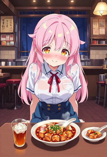1girl, solo, mgyunishirakawa, pink hair, hair flaps, half updo, long hair, hair down, yellow eyes, white shirt, short sleeves, neck ribbon, medium breasts, blue skirt, indoors, restaurant, table, chair, lamp, counter, stool, spoon, plate, mapo tofu, smile, sweating, blush, steam, hot food, sitting, looking at viewer,