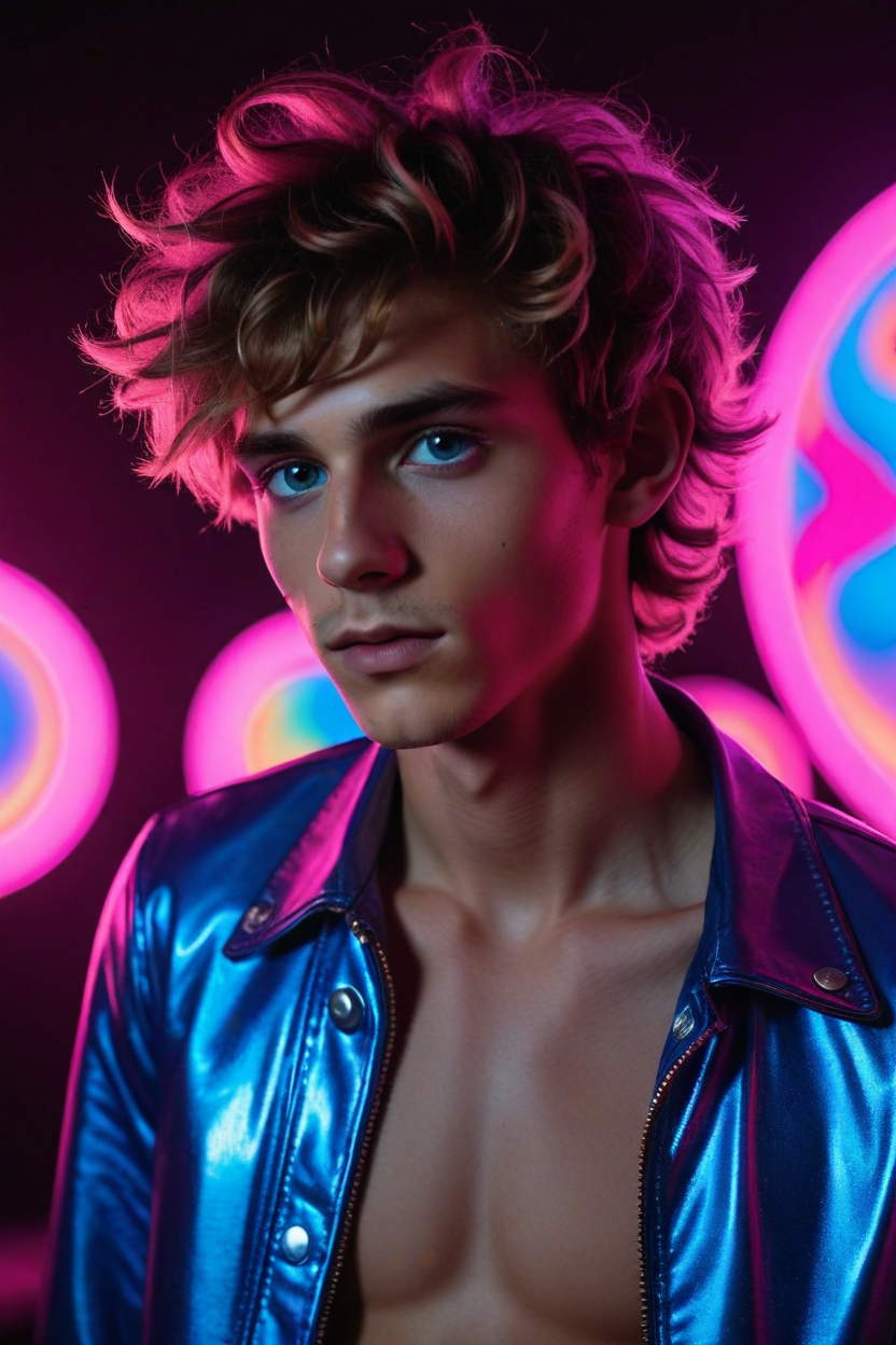 19yo (psychedelic dreamland:1.4) skinny male model twink (candyland:1.4), pink, wild hair, smooth, leather, neon lighting, light-blue-eyes, (Chiaroscuro, Filmgrain, Cinematic LUT), <lora:sdxl_lightning_8step_lora:1>