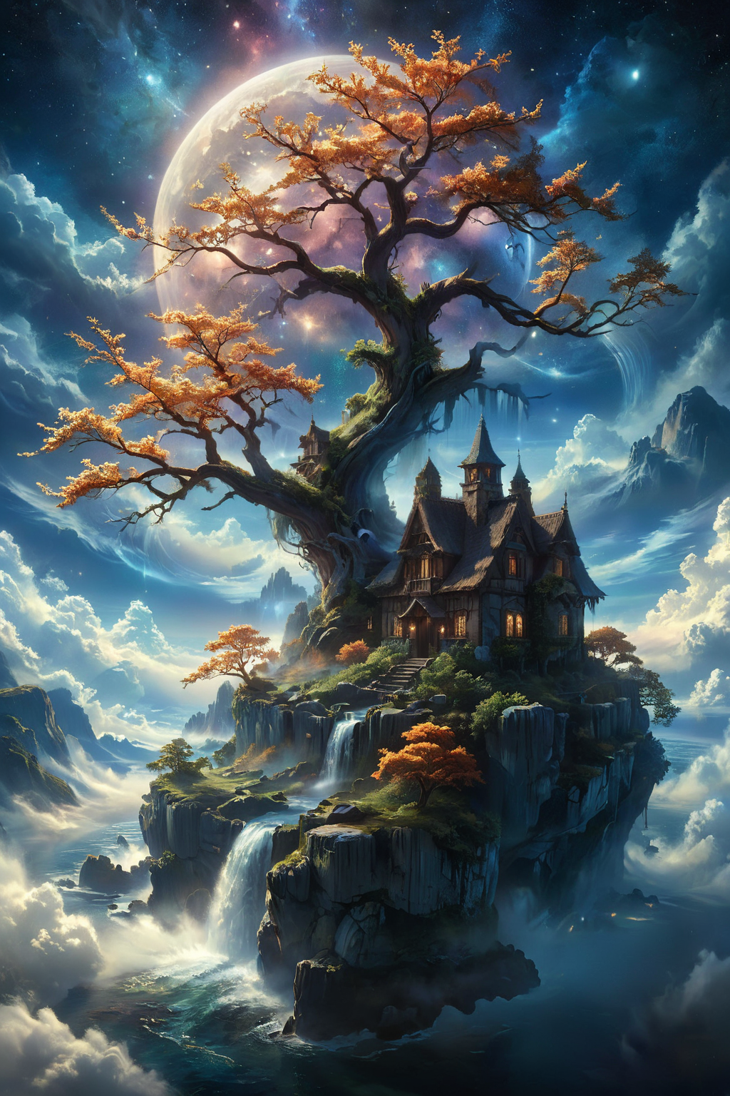 A stunning, hyper-realistic fantasy scene featuring a floating island situated above the clouds. The island hosts a quaint, rustic cottage and a towering ancient tree, their intricate details meticulously rendered. A cascading waterfall flows gracefully from the island, disappearing into the clouds below. The night sky above is ablaze with vibrant colors, stars twinkling against a backdrop of auroras and nebulae, enhancing the ethereal quality of the scene. The environment exudes a magical, dreamlike ambiance, making it feel like a paradise straight out of a fairytale. Fantasy, magical, hyper-realistic, detailed, vibrant, serene, ethereal, dreamlike, mystical, breathtaking. milky way, aurora,
<lora:ral-mtclniscp-sdxl:0.7> ral-mtclniscp,
<lora:add-detail-xl:1.0>,
<lora:EnvyBetterHiresFixXL01:1.0>,
<lora:extremely_detailed:1.0>, extremely detailed,
<lora:EldritchMixIllustration_1.1:0.5>,
<lora:zavy-cntrst-sdxl:0.75> dark, chiaroscuro, low-key,
<lora:xl_floating:0.85> floating island, surreal,