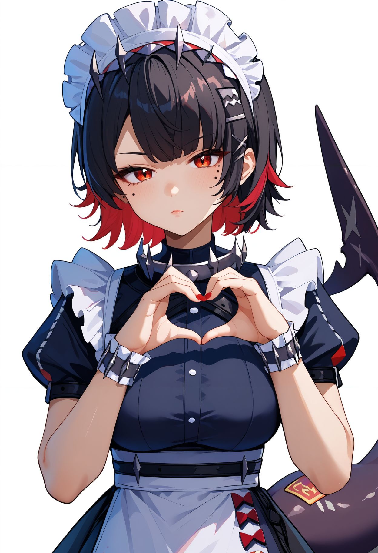 score_9,score_8_up,score_7_up,<lora:ellen_joe_zzz_v2_goofy:1>ellenJoeZzz, 1girl, black hair, breasts, colored inner hair, fingernails, heart, heart hands, large breasts, looking at viewer, maid, maid headdress, mole, mole under eye, multicolored hair, nail polish, red eyes, red hair, red nails, shark tail, short hair, simple background, solo, two-tone hair, white background