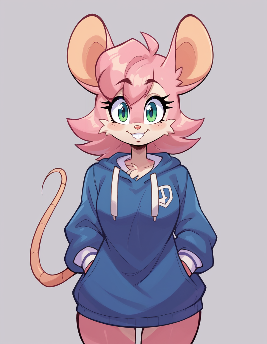 zPDXL, score_9, score_8_up, score_7_up, score_6_up, score_5_up, 4k, absurdres, 1girl, solo, simple background,
 <lora:JamoART-21:0.8> jmrt, furry, cowboy shot, pink fur, pink hair, mouse girl, mouse ears, mouse tail, animal nose, :3, looking at viewer, smile,