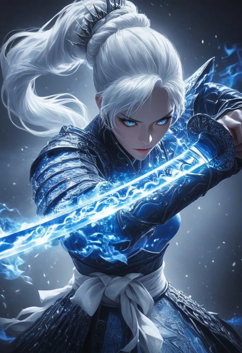 score_9, score_8_up, score_7_up, upscale 2x, ( close up cinematic shot, Weiss Schnee, Weiss Schnee, long hair, ponytail, white hair, blue eyes, small breasts, mature body,
Weiss Schnee holding a katana infront of her face, katana detailed with a blue glowing dragon, dragon swirling around the blade, extremely detailed. Dragon Samurai.:1.2)