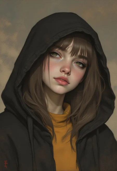 anime art,by Ashley Wood, deep meaningful context backgrounds, young woman wearing a black hood, yellow turtleneck sweater, with vibrant brown eyes, OBxiaoxiang