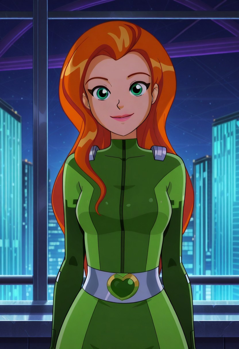 masterpiece, best quality, good quality, 1girl, solo, cartoon, totally_spies_2k24, sam, orange hair, green eyes, green bodysuit, sexy, medium breasts, beautiful, detailed, high detailed, very beautiful, detailed face, detailed eyes, detailed hand, abstract background, neon, smile, looking at viewer, face focus