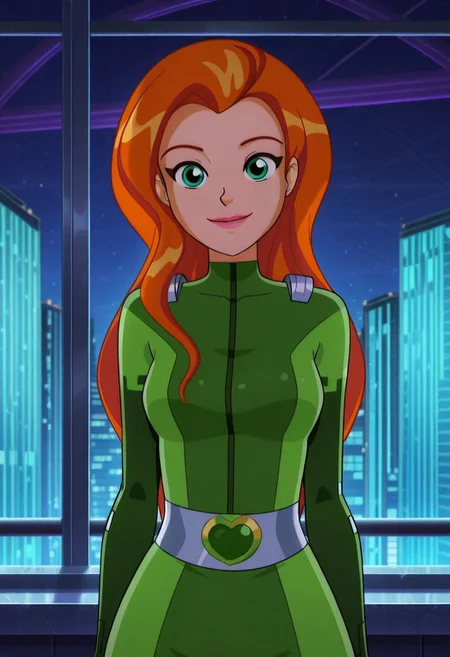 masterpiece, best quality, good quality, 1girl, solo, cartoon, totally_spies_2k24, sam, orange hair, green eyes, green bodysuit, sexy, medium breasts, beautiful, detailed, high detailed, very beautiful, detailed face, detailed eyes, detailed hand, abstract background, neon, smile, looking at viewer, face focus