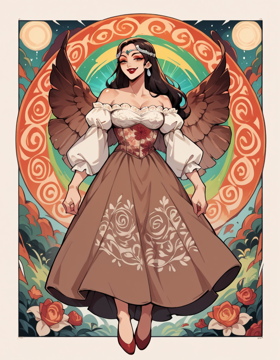 score_9, score_8_up, score_7_up, score_6_up, score_5_up, score_4_up, source_anime, 1girl, long black updo hair, full body, smile, makeup, red lipstick, hud_forest_fairy_dress, white and brown dress, puffy sleeves, brown floral corset, silver circlet, bare shoulders, wings, <lora:forestfairyxlp_epoch_8:0.6>, hud_psyc_styl_XLP, psychedelic, trippy, <lora:hud_psyc_styl_XLP-000008:0.6>