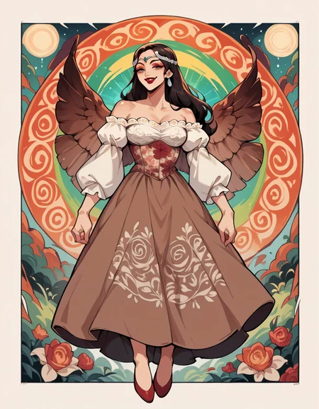score_9, score_8_up, score_7_up, score_6_up, score_5_up, score_4_up, source_anime, 1girl, long black updo hair, full body, smile, makeup, red lipstick, hud_forest_fairy_dress, white and brown dress, puffy sleeves, brown floral corset, silver circlet, bare shoulders, wings, <lora:forestfairyxlp_epoch_8:0.6>, hud_psyc_styl_XLP, psychedelic, trippy, <lora:hud_psyc_styl_XLP-000008:0.6>
