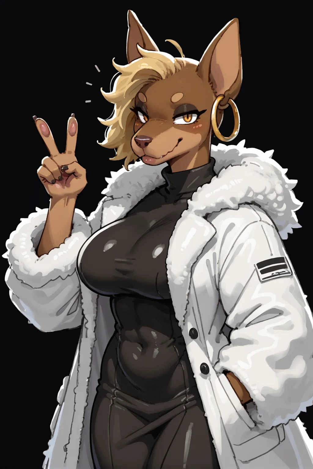 score_9_up, score_8_up, score_7_up, score_6_up, <lora:EFscribblestyle_XL_v2:1> scribblymode,
 <lora:Pepper_XL_v3:1> pepperhb, dobermann, black background, v sign, white coat, fluffy coat, large breasts,
