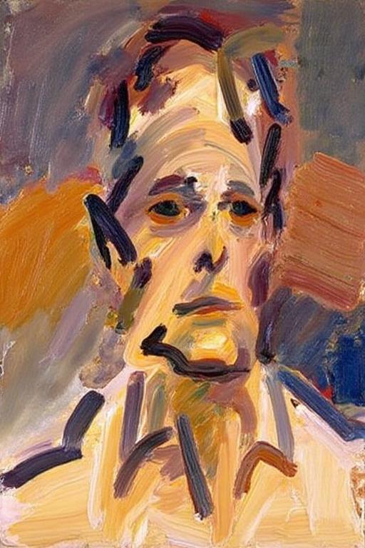 painting created in an abstract expressionist style, characterized by bold, expressive brushstrokes and a mix of vivid and muted colors. The subject of the painting is a stylized, abstract representation of a human face. The face is rendered in a loose, gestural manner with thick, swirling brushstrokes that blend and merge together. The colors used are predominantly warm, with shades of yellow, orange, and brown, creating a sense of warmth and depth. <lora:fraauer1_cap_d6a3:1.0><lora:811767377781012111:0>