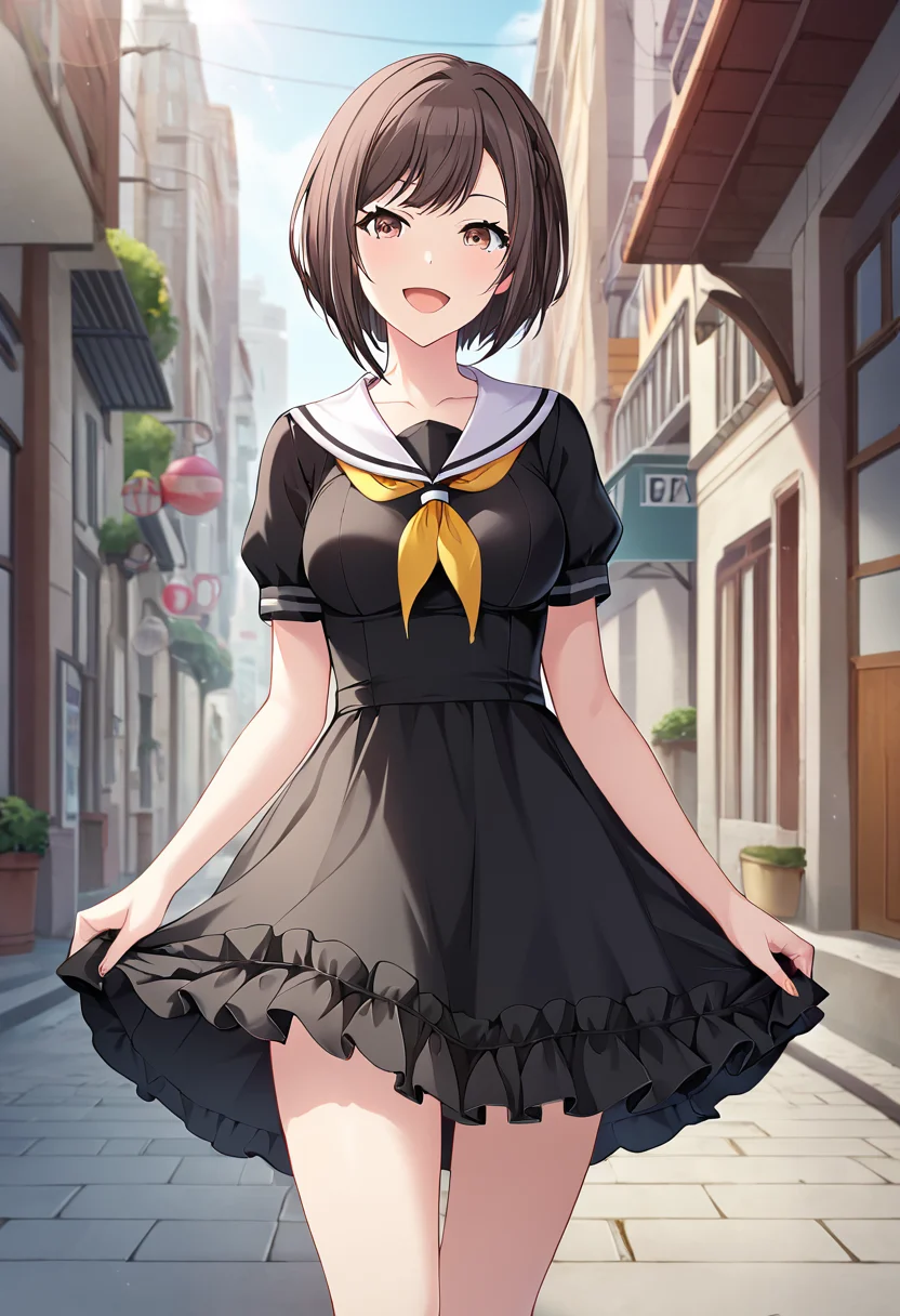 shinonome_ena, brown hair, brown eyes, short hair, black dress, frilled dress, sekai outfit, white sailor collar, black dress, frilled dress, frills, black yellow neckerchief,official art, medium breasts BREAK outdoors, city street, BREAK looking at viewer, sexy face, sexy smile, open mouth, cowboy shot BREAK score_9, score_8_up, score_7_up, source_anime ,zPDXL, perfect hand, <lora:Shinonome_Ena:0.8>