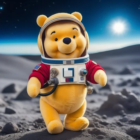 cinematic photo a liveaction winnie the pooh wears a spacesuit on the moon <lora:Winnie1024:0.8> . 35mm photograph, film, bokeh, professional, 4k, highly detailed