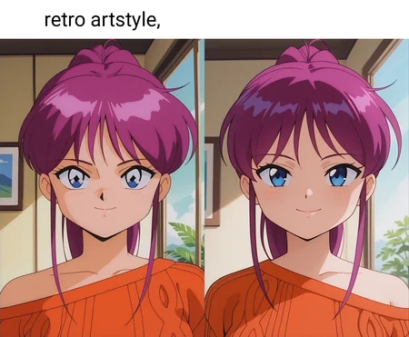 masterpiece, best quality, amazing quality, absurdres, 1girl, solo, (portrait:1.2), retro artstyle, takamiww, blue eyes, purple hair, long hair, ponytail, sidelocks, medium breasts, orange sweater dress, off shoulder, looking at viewer, smile, indoors, day, skindentation, detailed clothing folds, depth of field, sharp, high contrast, dynamic light <lora:Oide_Takami_Nageki_no_Kenkou_Yuuryouji_ill_v11:0.9>