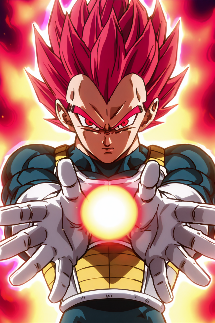 masterpiece, best quality,   foreshortening, charging energy, red aura, solo, looking at viewer, red eyes, gloves, 1boy, upper body, male focus, red hair, white gloves, armor, bodysuit, spiked hair, serious, outstretched hand, aura, super saiyan, saiyan armor, vegeta,  ,<lora:DBSBroly_Style_IXL_v2:0.8>,