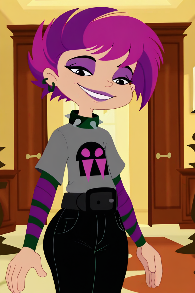 masterpiece, best quality, amazing quality, very aesthetic, absurdres, newest, solo,Ophelia_RamírezZYN, solo, 1girl, black eyes, eyeshadow, short hair, purple-pink hair, multicolored hair, purple lips, makeup, earrings, spikes, collar, spiked collar, jewelry, pants, shirt, short over long sleeves, layered sleeves, striped sleeves, belt, cowboy shot, looking at viewer, beautiful, ((beautiful face, beautiful eyes)), Wide Hips, Big thighs, standing,(smile, indoors, elegant room, looking_at_down, solo, full_body, head tilt,), Shadman_Style