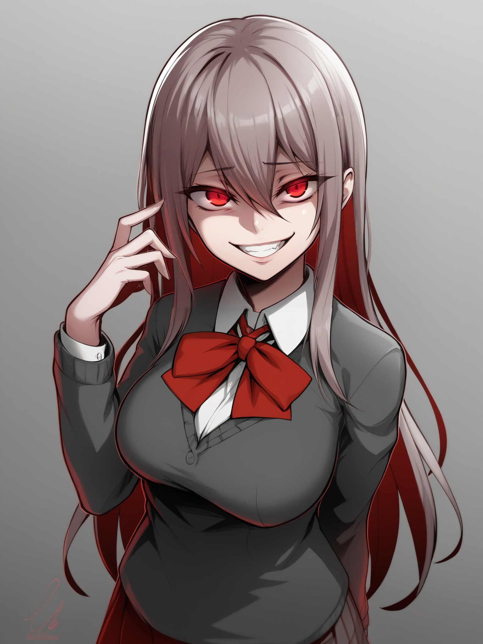 uncensored, score 9 up, score 8 up,
 <lora:Ediblue_Artist_Style_PonyXL:1>,gesugao, spot color, long hair, evil smile, red eyes, long sleeves, hair between eyes, school uniform, sidelocks, teeth, large breasts, 1girl, standing, looking at viewer,