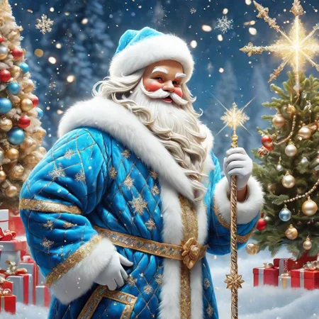 photorealism, general plan, shiny rhombus Santa Claus (blue fur coat, fur gloves) and ((little Snow Maiden)), ((full growth)) at the Christmas tree, clothes with gold accents, New Year's toys, confetti, gifts, magical light, emitting light , Amid the Glitter, Symmetrical Super Detailed Texture, Pearl Filigree, Conceptual Art, Art Station, Perfect Composition, Masterpiece, Brilliant Professional Photography, Macro, Natural Light, Canon Lens, 64MP DSLR Shot, Unearthly Sharp Focus