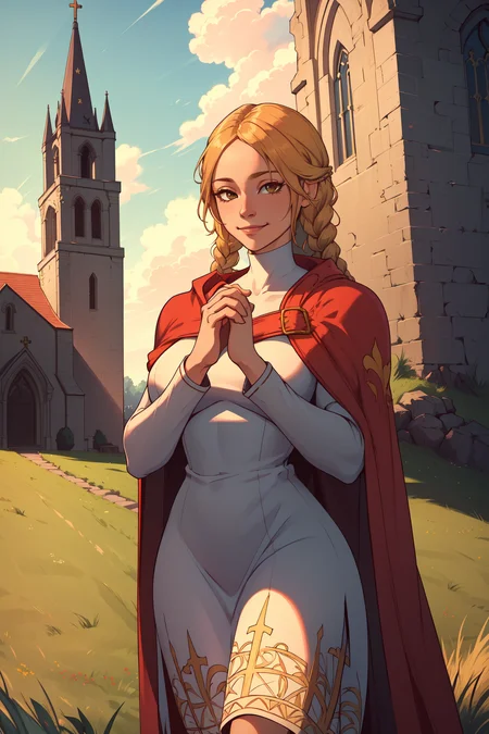 (masterpiece, best quality, absurdres, 4k, aesthetic, detailed, intricate, perfect lighting),cinematic angle,grassy field,church,sunlight,flowers,cowboy shot,1girl,hands to heart,slight smile,ovelia atkascha, twin braids, red cape, white dress<lora:ovelia-nvwls-v1:0.7>