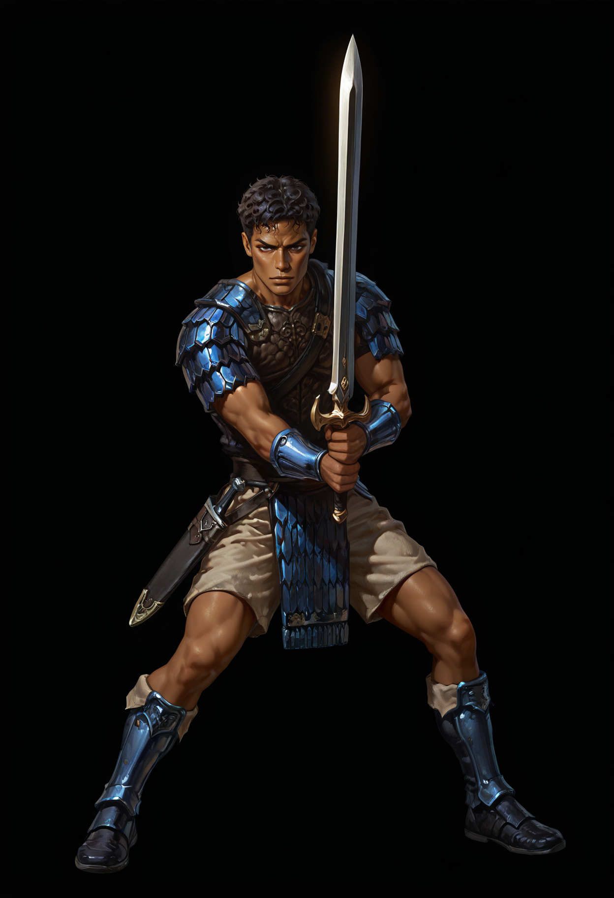 1boy, solo, black background, armor, strong, dark hair,long sword, battle pose, handsome , KONUNG, DETAILED FACE, FACE FOCUS,tan skin,(young:1.1)  , full body, badass ,  <lora:Konung-000011:0.8>, curly hair, best quality, amazing quality, very aesthetic, absurdres, newest, depth of field, separate focus, masterpiece, highres, 4k, intricate details, leather chest armor, biceps