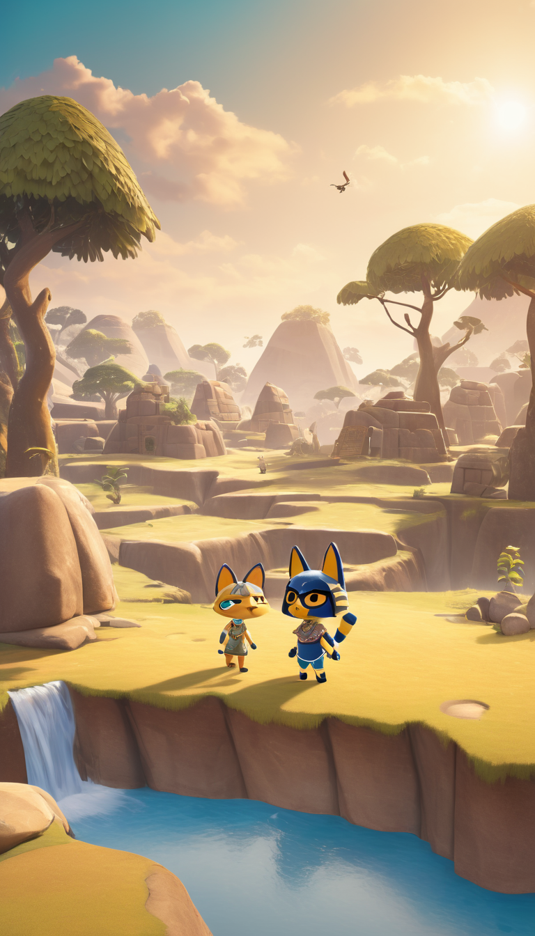 long shot scenic professional photograph of  Cinematic scene, hero view, Ankha, Animal Crossing <lora:ankha_v0.0.1:1>, action pose, nature, detailed background, masterpiece, best quality, high quality, absurdres, perfect viewpoint, highly detailed, wide-angle lens, hyper realistic, with dramatic sky, polarizing filter, natural lighting, vivid colors, everything in sharp focus, HDR, UHD, 64K