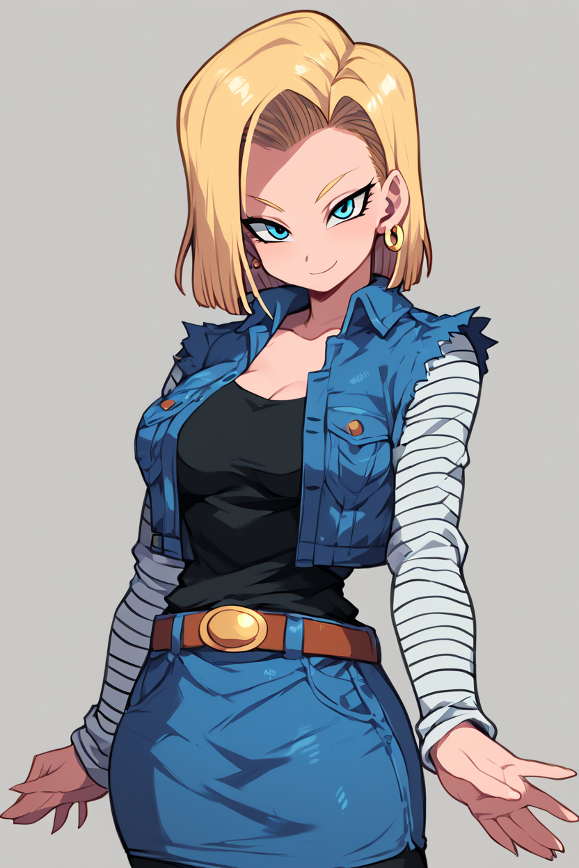 score_9, score_8_up, score_8, medium breasts, (curvy), cute, eyelashes,      ,,,  <lora:Android18PDXL:1.0>, zzAndroid18, blue eyes, blonde hair, short hair, jacket, denim, denim jacket, jewelry, earrings, long sleeves, shirt, skirt, belt, stripes, BREAK, smile, looking at viewer, cowboy shot, ,,, embedding:zPDXL, Expressiveh, ,,, <lora:Zankuro_Style_PDXL:0.8> <lora:SDXLFaeTastic2400:0.5>, <lora:Expressive_H-000001:0.4>,