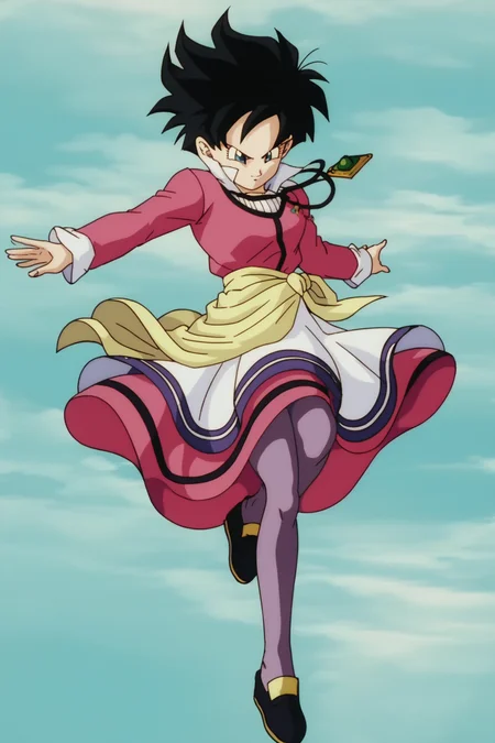 source_anime, score_9, score_8_up, score_7_up, anime screencap,
videldbz, slippers, 1girl, solo, blue eyes, ice cliffs, black hair, long sleeves, green fog, arm up, floating hair, floating clothes, full body, female focus, pantyhose, necklace, spiked hair, clenched hand, pendant, purple pantyhose, wrapped, movie, movie dress, multicolored dress, dress lift, looking at another, looking down, midair, jumping, ankle markings, knees, black footwear, v-shaped eyebrows, striped shirt, small breasts, long dress, pink dress, outstretched hand, closed mouth
<lora:Videl_pony_v1:0.8>