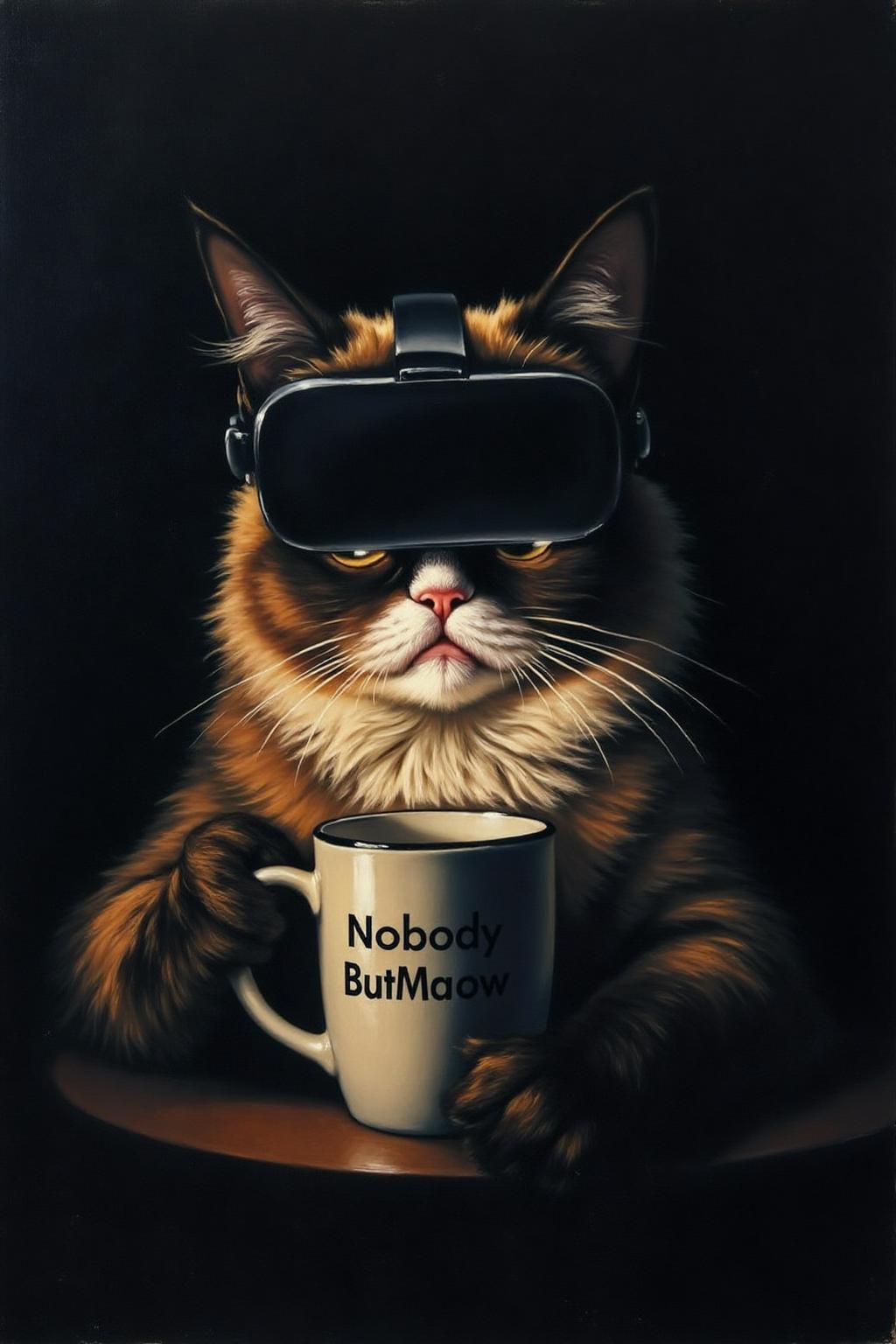 josephwright1 painting. 
Grumpy Cat holding a coffee mug, wearing a VR Headset  in a dimly lit room, illuminated by a single light source. The mug has the phrase "NobodyButMeow" printed. The lighting creates a dramatic contrast.
 <lora:josephwright1_cap_d6a3e12:1.0><lora:849161094990689054:0>