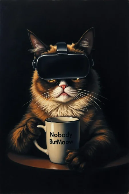 josephwright1 painting.
Grumpy Cat holding a coffee mug, wearing a VR Headset in a dimly lit room, illuminated by a single light source. The mug has the phrase "NobodyButMeow" printed. The lighting creates a dramatic contrast.
<lora:josephwright1_cap_d6a3e12:1.0><lora:849161094990689054:0>