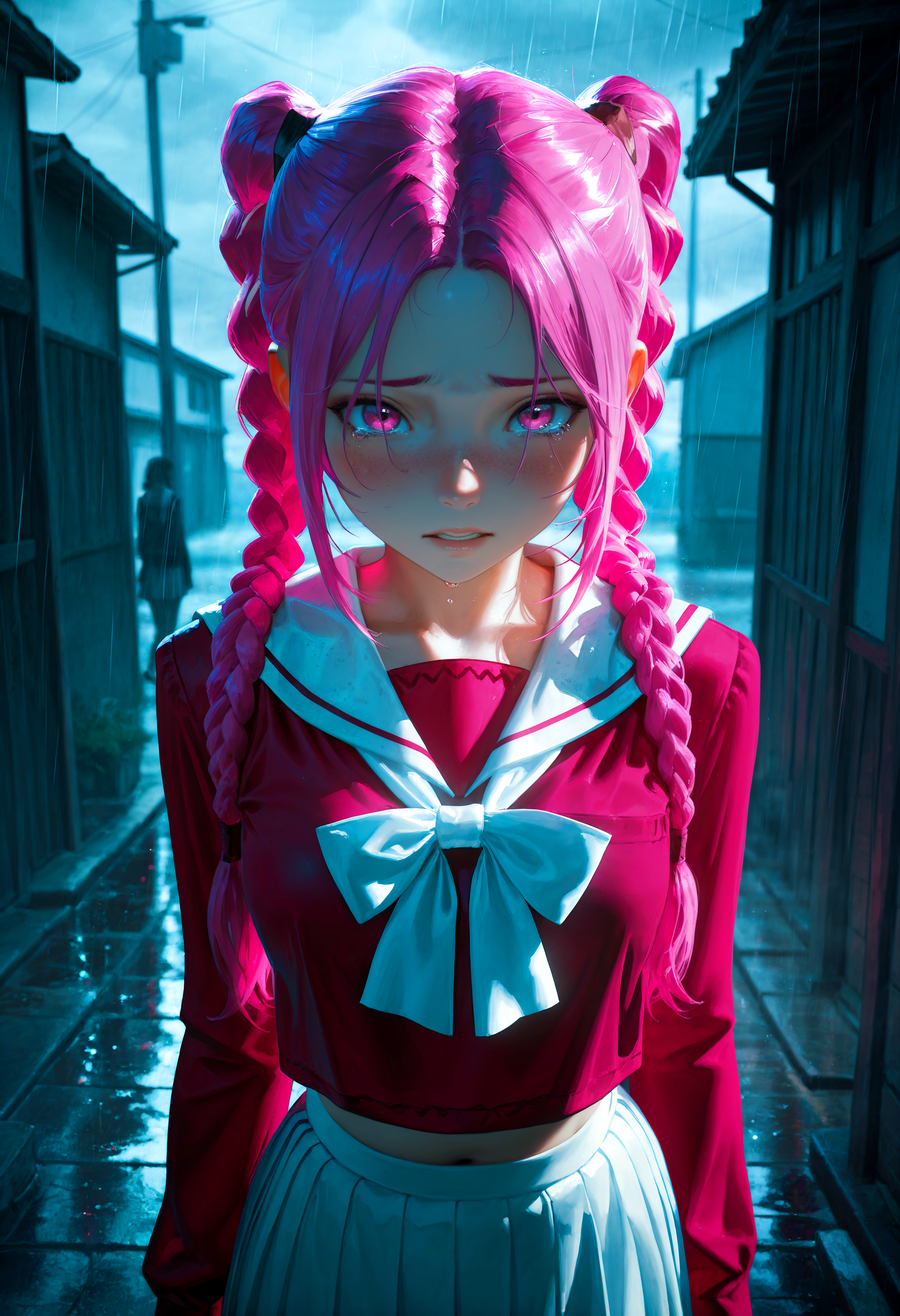 HDR, 8K, high contrast, masterpiece, best quality, amazing quality, very aesthetic, superabsurd res, high resolution, ultra-detailed, absurdres, newest, scenery, (horikoshi kouhei:0.3), (quasarcake:0.3), (wlop:0.3), light rays, chiaroscuro, epic, dramatic, wide angle, fisheye lens, straight on, face focus, close up, upper body, solo, 1girl, tnt_stella, freckles, pink eyes, pink hair, long hair, (high twintails, twin braids), parted bangs, small breasts, plump lips, curvy, school uniform, sleeves past wrists, midriff peek, pleated skirt, white bowtie, white skirt, white serafuku, long sleeves, white bow, ribbon, pink shirt, blush, bedroom eyes, (tears:1.3), standing, arms relaxed at side, looking at viewer, parted lips, melancholy, portrait, outside, street, rain, overcast, fog, godrays, stardust, backlighting, partially illuminated, Intricately designed, Mysterious, BREAK, photorealistic, beautiful detailed eyes, detailed skin, detailed hair, volumetric lighting, dappled light, light particles, dramatic shadows, cinematic lighting, depth of field, <lora:ponyxl\cfg_scale_boost:0.8> <lora:IL\KMS_TNT_Stella_IL-000005:0.8>