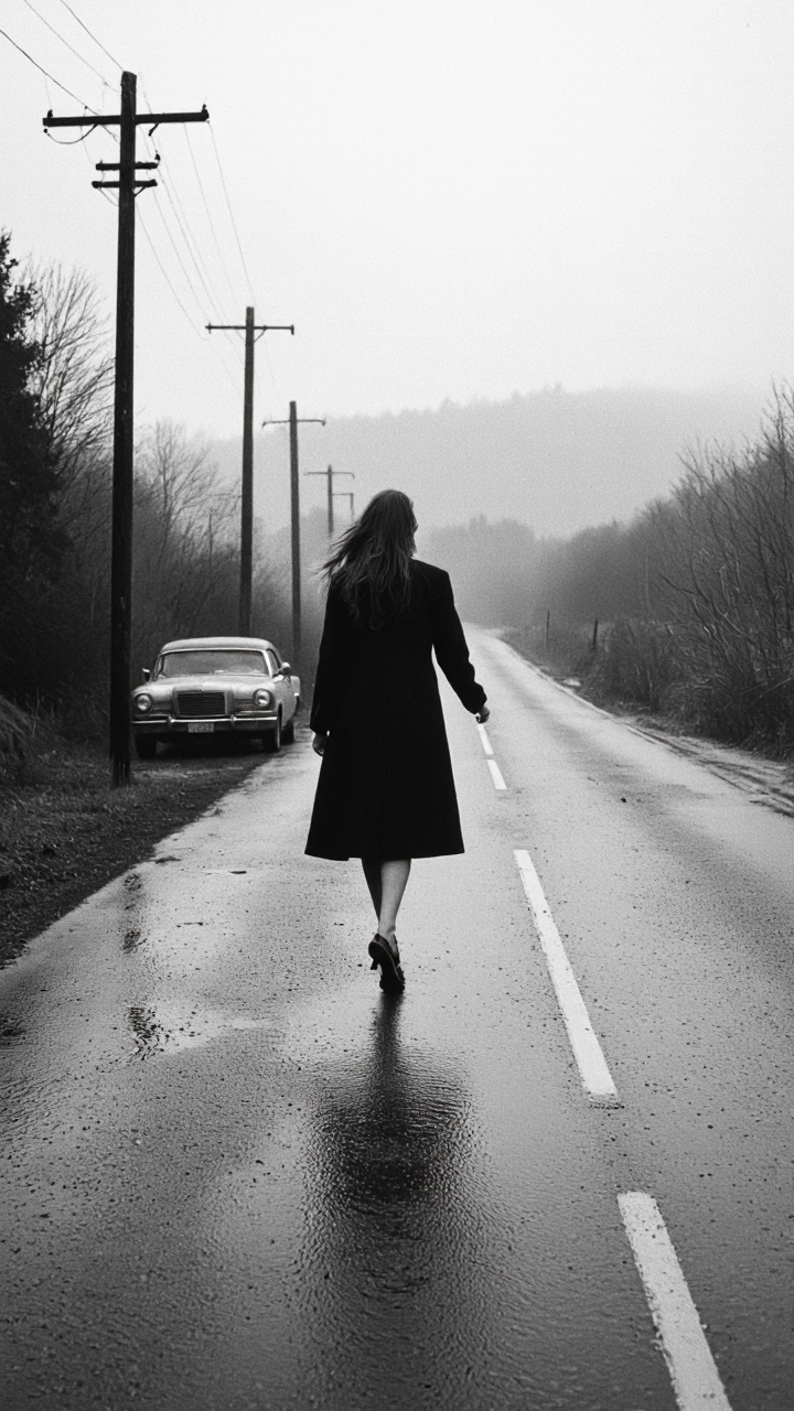 black-and-white photograph captures a solitary woman walking on a wet, glistening road that curves gently to the right. The woman, positioned centrally, is dressed in a long, knee-length coat and high-heeled shoes, suggesting a 1950s or early 1960s style. Her hair is long and flows freely as she walks, creating a sense of movement. The road reflects the overcast sky, contributing to the moody and melancholic atmosphere. 
In the background, a vintage car is visible, parked on the left side of the road, adding to the nostalgic feel. The car is covered in a thin layer of mist or fog, blending into the background. The road is bordered by tall, wooden utility poles on both sides, with power lines stretching across the sky, creating a sense of isolation and desolation. The horizon is indistinct, merging with the mist, further emphasizing the gloomy mood. 
The image is high-contrast, with deep shadows and bright highlights, enhancing the dramatic effect. The textures are rich, from the wet road to the roughness of the utility poles, and the overall composition evokes a sense of solitude and introspection.,aidmaimageupgrader, aidmaMJ6.1 <lora:aidmaImageUprader-FLUX-v0.3:0.4> <lora:aidmaMJ6.1-FLUX-v0.5:0.7>