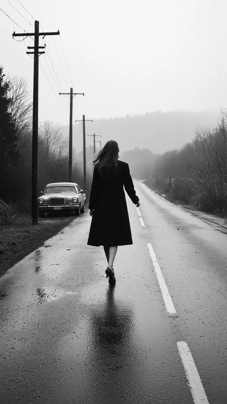 black-and-white photograph captures a solitary woman walking on a wet, glistening road that curves gently to the right. The woman, positioned centrally, is dressed in a long, knee-length coat and high-heeled shoes, suggesting a 1950s or early 1960s style. Her hair is long and flows freely as she walks, creating a sense of movement. The road reflects the overcast sky, contributing to the moody and melancholic atmosphere. 
In the background, a vintage car is visible, parked on the left side of the road, adding to the nostalgic feel. The car is covered in a thin layer of mist or fog, blending into the background. The road is bordered by tall, wooden utility poles on both sides, with power lines stretching across the sky, creating a sense of isolation and desolation. The horizon is indistinct, merging with the mist, further emphasizing the gloomy mood. 
The image is high-contrast, with deep shadows and bright highlights, enhancing the dramatic effect. The textures are rich, from the wet road to the roughness of the utility poles, and the overall composition evokes a sense of solitude and introspection.,aidmaimageupgrader, aidmaMJ6.1 <lora:aidmaImageUprader-FLUX-v0.3:0.4> <lora:aidmaMJ6.1-FLUX-v0.5:0.7>