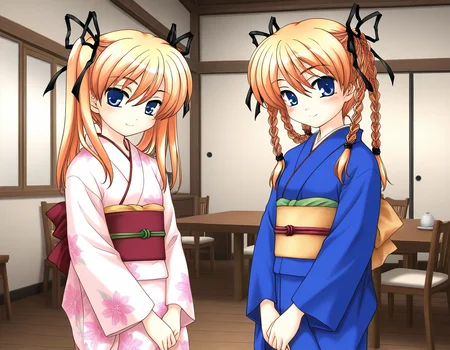 general,highres, ultra-detailed,very aesthetic,best quality ,best hands, BREAK <lora:Itsukiï¼Imi_IS:1>ãItsukiï¼Imi,
multiple girls, 2girls, japanese clothes, blue kimono, braid, siblings, twin braids, twintails,
ribbon, yukata, long sleeves, blue kimono, sash, smile, obi, blush, own hands together short stack, looking at viewer, cowboy_Shot, room, chair,
