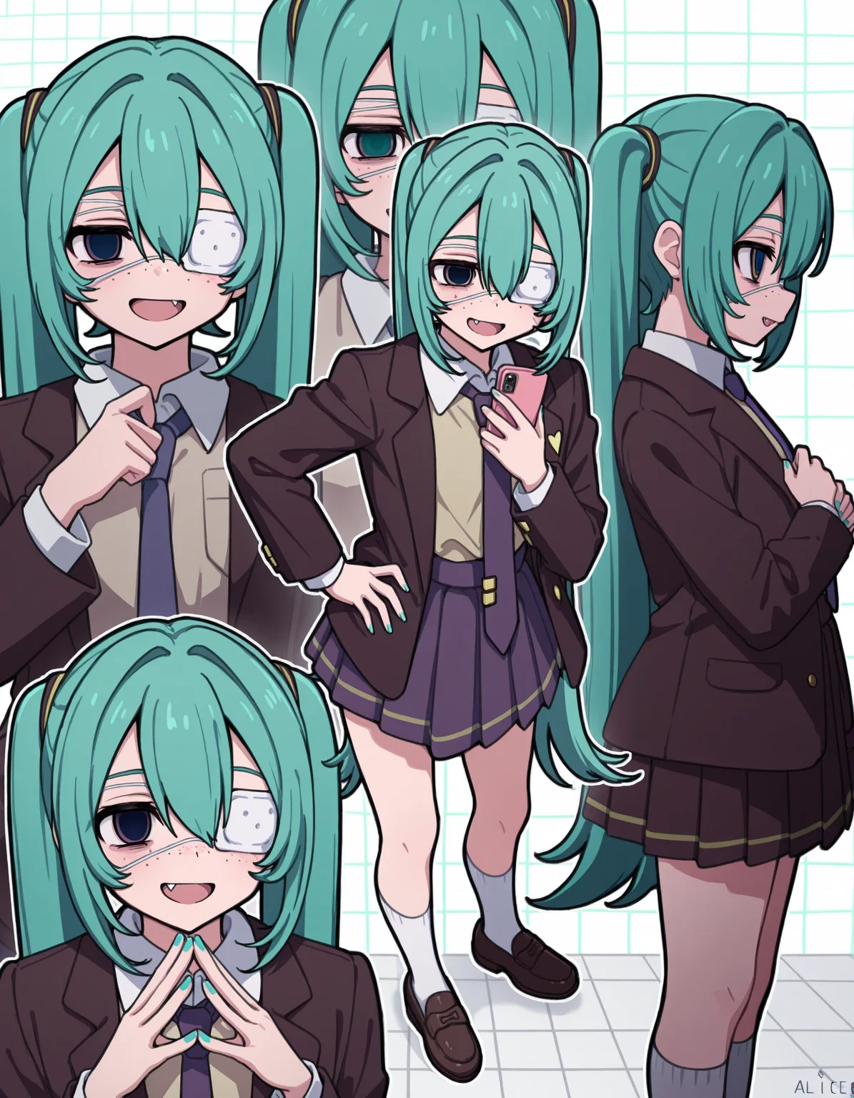 1girl, hatsune miku, hmmonitoring, very long hair, twintails, bangs, hair between eyes, medical eyepatch, freckles, school uniform, collared shirt, necktie, jacket, open jacket, long sleeves, pleated skirt, loafers, socks, 
:d, fang, nail polish, empty eyes, hand on own hip, multiple views, aqua hair, phone, own hands together, blazer, loafers, smartphone, holding smartphone, freckles, one eye covered, aqua nails, steepled fingers, 
abstract background, 
rating safe, alice99narumi, 
masterpiece, best quality, amazing quality, highres, newest,  <lora:alice99narumi:1.0> <lora:mikumonitoring_dyn095_rank16:1.0>