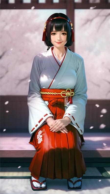 score_9,score_8_up,score_7_up,
<lora:NaotoraIi:0.9>,
naotora ii,
realistic,
1girl,solo,black hair,blunt bangs,low twintails,
brown eyes,looking at viewer,smile,
red hair ornament,red hairband,white scrunchie,
miko outfit,red hakama,
white tabi,zori,
full body,sitting,
blurry background,bloom,lights particle,outdoors,cherry blossoms,japanese style wall,vignetting,len flare,