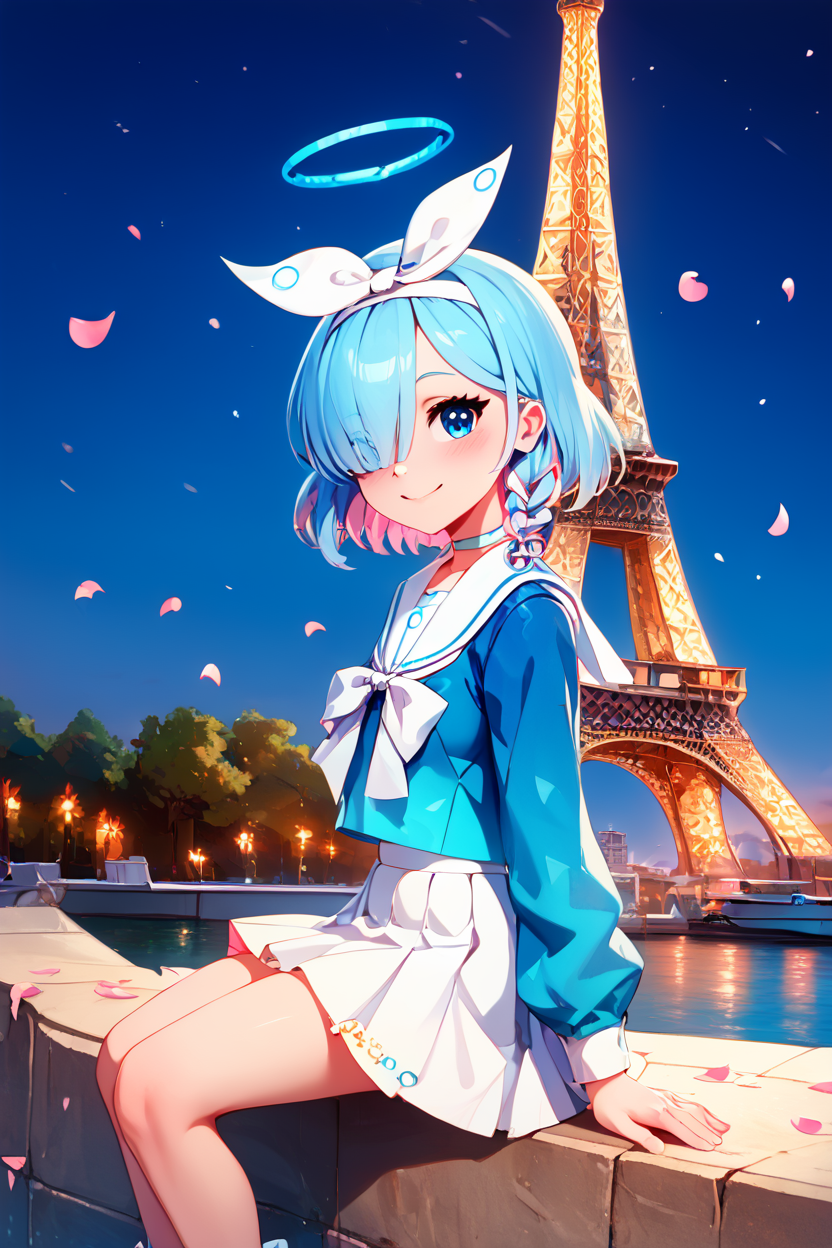 score_9, score_8_up, score_8, medium breasts, (curvy), cute, eyelashes,       BREAK, , ,,, zzArona, blue eyes, blue hair, hair over one eye, bangs, blue halo, mechanical halo, long sleeves, ribbon, school uniform, serafuku, skirt, white skirt, <lora:Arona_BlueArchive_PDXL:1.0>,   ,,,, BREAK, zzEiffelTower in background, sitting, watercraft, boat, sitting on wall, side view, looking at viewer, smile, ,,, BREAK, blooming stars, luminescent petals, otherworldly fragrance blurry background, ,,, embedding:zPDXL, Expressiveh, ,,, <lora:EiffelTowerPDXL:1.0>, <lora:CatalystStylePDXL:0.6>, <lora:SDXLFaeTastic2400:0.5>, <lora:Expressive_H-000001:0.4>,