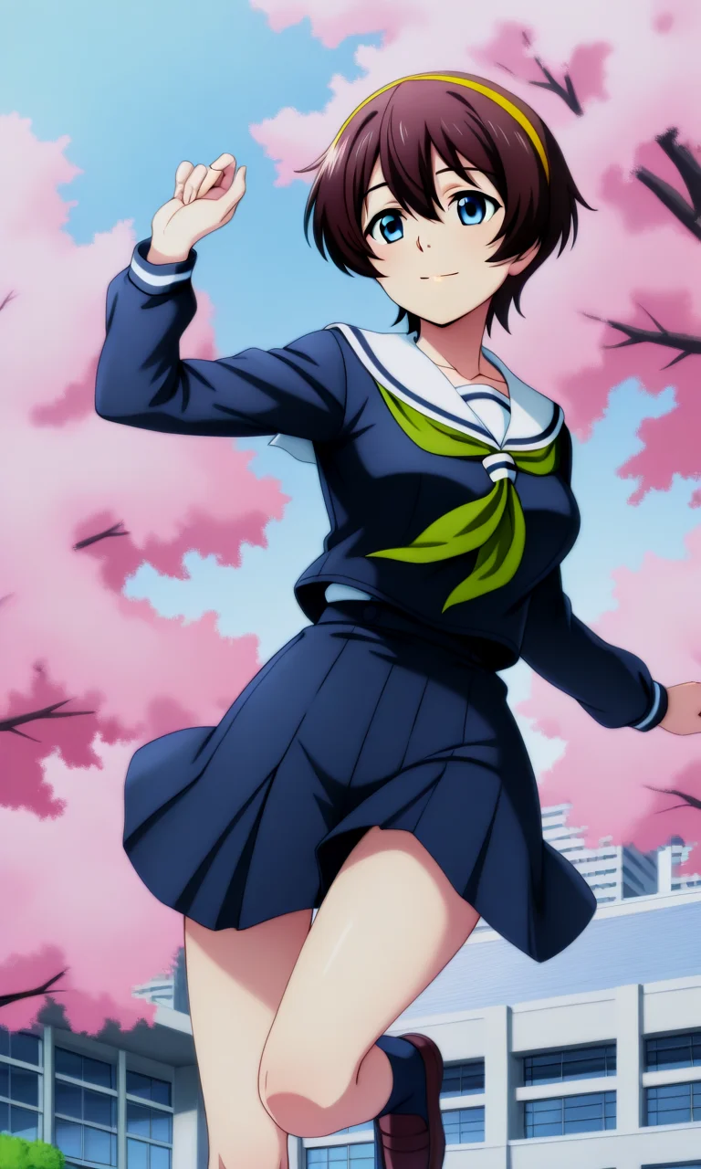 Yuu_School, 1girl, (brown short hair:1.1), hair between eyes, blue eyes, medium breasts, collarbone, yellow hairband, serafuku, green neckerchief, sailor collar, dark blue serafuku, long sleeves,
 ,  Office building plaza with cherry blossom trees,  light smile,  Jumping with legs apart , <lora:Yuu_IL_NoobAI:0.6>