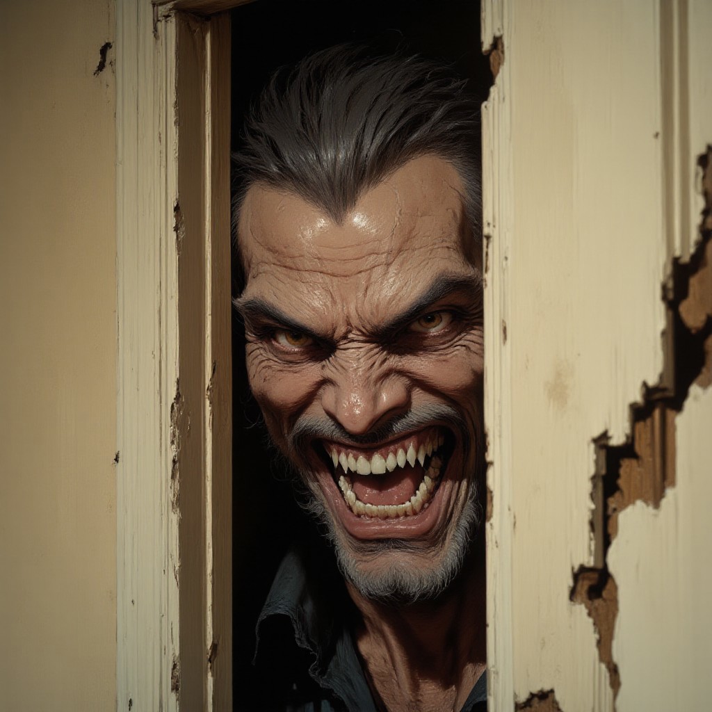 (In the style of anthr0dnd, fantasy painting, High Quality, highly detailed, hyper realistic, 8K, masterpiece, Canon EOS R5, 85mm f/1.2 lens, cinematic lighting, natural skin texture) A color photograph of a middle-aged Caucasian man resembling Jack Torrance from the movie The Shining, with sharp facial features, furrowed brow, and a wide, manic grin, peeking through a slightly open, splintered off-white door on the right side of the frame. His slicked-back, dark wet hair clings to his forehead, sweat glistening on his skin, highlighting the intensity of his wild, glaring eyes. He has rough stubble and weathered skin, adding to the deranged look. A dark shirt collar is barely visible near the bottom of the frame. The background is a plain beige wall that contrasts with the subject’s dark tones. The chipped, worn door frame has a coarse texture, enhancing the gritty atmosphere. Framed tightly at eye-level, the composition centers the emotional chaos under soft, cinematic overhead lighting. The mood is psychologically tense and explosively unstable, capturing the character’s descent into madness.