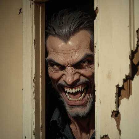 (In the style of anthr0dnd, fantasy painting, High Quality, highly detailed, hyper realistic, 8K, masterpiece, Canon EOS R5, 85mm f/1.2 lens, cinematic lighting, natural skin texture) A color photograph of a middle-aged Caucasian man resembling Jack Torrance from the movie The Shining, with sharp facial features, furrowed brow, and a wide, manic grin, peeking through a slightly open, splintered off-white door on the right side of the frame. His slicked-back, dark wet hair clings to his forehead, sweat glistening on his skin, highlighting the intensity of his wild, glaring eyes. He has rough stubble and weathered skin, adding to the deranged look. A dark shirt collar is barely visible near the bottom of the frame. The background is a plain beige wall that contrasts with the subject’s dark tones. The chipped, worn door frame has a coarse texture, enhancing the gritty atmosphere. Framed tightly at eye-level, the composition centers the emotional chaos under soft, cinematic overhead lighting. The mood is psychologically tense and explosively unstable, capturing the character’s descent into madness.