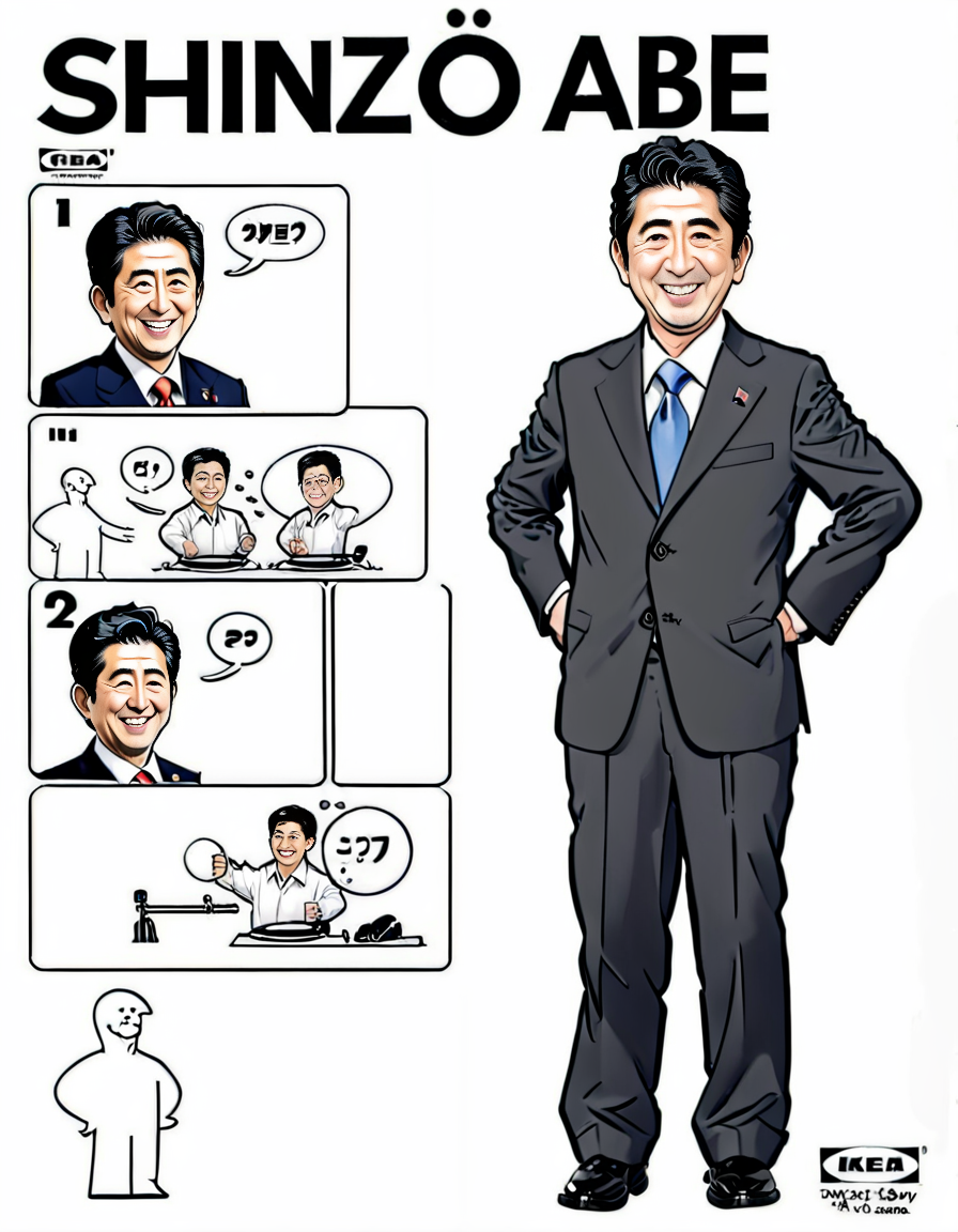 <lora:ikea_instructions_xl_v1_5:1> comic, (Shinzo Abe:1.1), smiling, Shinzo Abe, cartoon