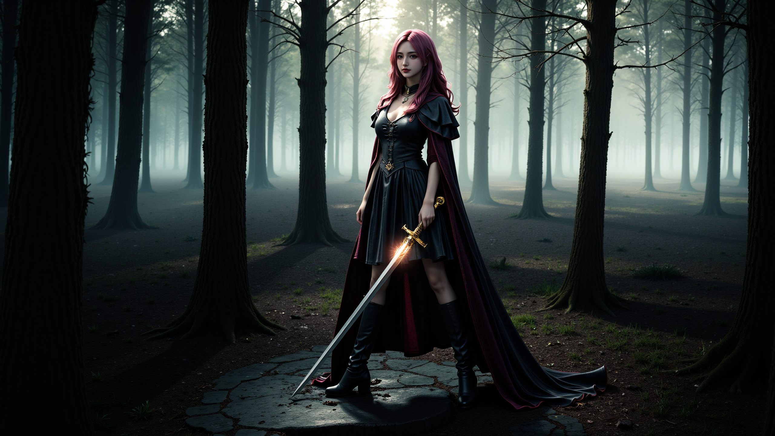 a long pink-haired wavy hair woman in a dark,misty forest. She stands confidently with a glowing sword,wearing a black,gothic-style dress with a flowing cape. The scene is eerie,with tall,bare trees and a dense fog. The woman's intense gaze and the dramatic lighting create a mystical atmosphere. The image combines elements of dark fantasy and medieval themes.,<lora:yuukananri-base-02-flux:0.8>,yuukananri,she has a slender physique and a petite build,,